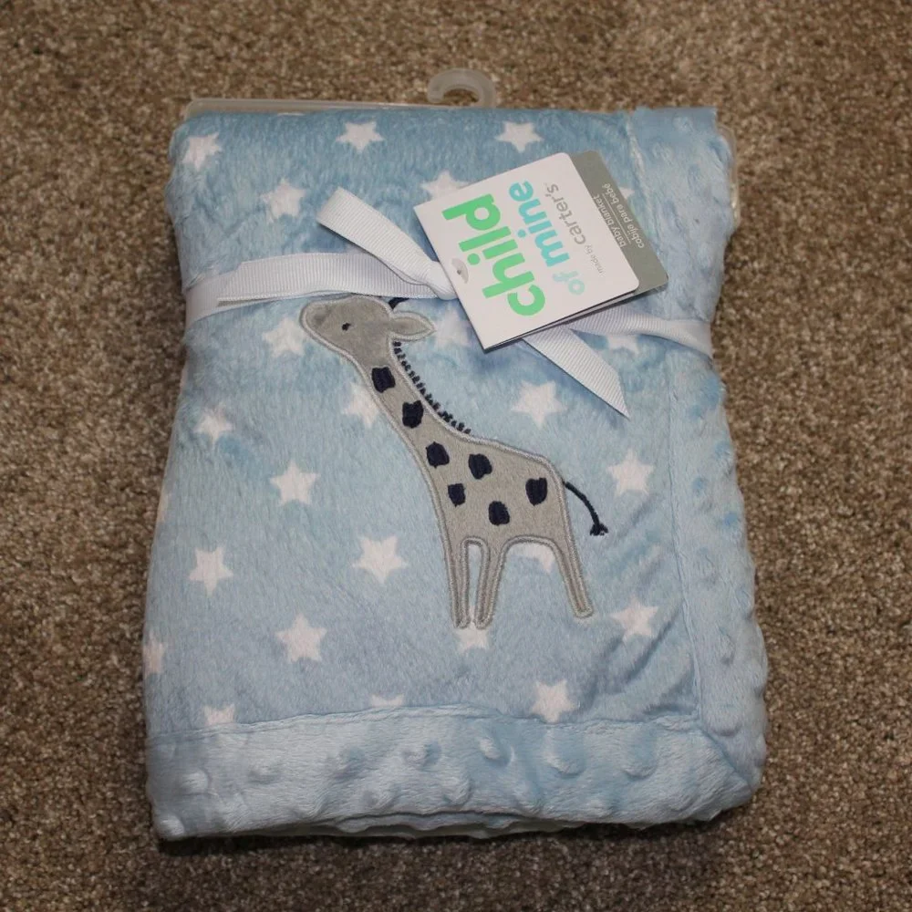 Carter's Child of Mine Blue Giraffe Minky Dot Star Baby Blanket Infant Boys NWT - Picture 2 of 5